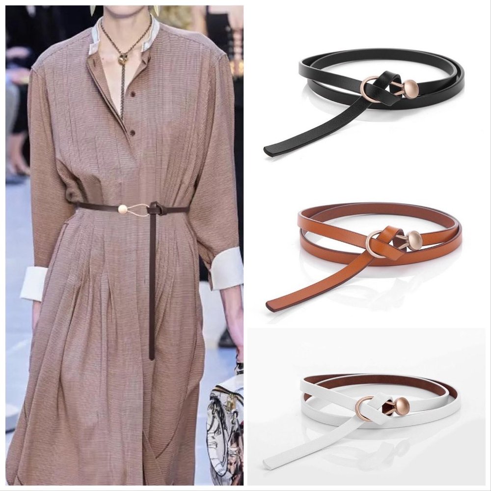 NEW Women’s Adjustable Self Tie Knot Brushed Gold Buckle Thin Faux Leather Belt - Picture 1 of 12